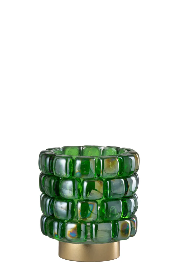 Theelichthouder Vierkant Mozaïekglas Groen Klein: een decoratieve groene kandelaar met een gestapeld geometrisch ontwerp en metallic gouden voet.