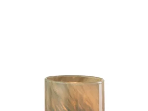 Theelichthouder Ballen Glas Groen is een doorschijnende, cilindervormige houder met een gemarmerd beige en grijs patroon, geplaatst op drie heldere glazen bollen tegen een witte achtergrond.