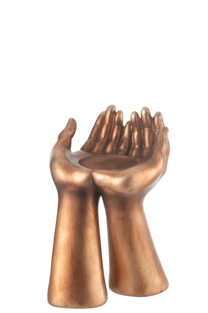 De Kaarsenhouder Palmen Hars Koper is een bronzen kandelaar in de vorm van twee gebogen handen met gedetailleerde vingers en een gepolijste metallic afwerking, tegen een effen witte achtergrond.