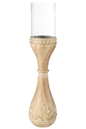 De Kaarsenhouder Kralen Mangohout Wit Groot is een hoge, elegante kandelaar met een glazen bovenkant en een beige basis die wordt geaccentueerd door witte en gouden bloemen- en paisleymotieven.