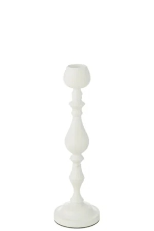 De Kaarsenhouder Monarchie Metaal Wit Klein is een witte, sierlijke kandelaar met een ronde voet en decoratieve gebogen steel, afgebeeld tegen een effen witte achtergrond.