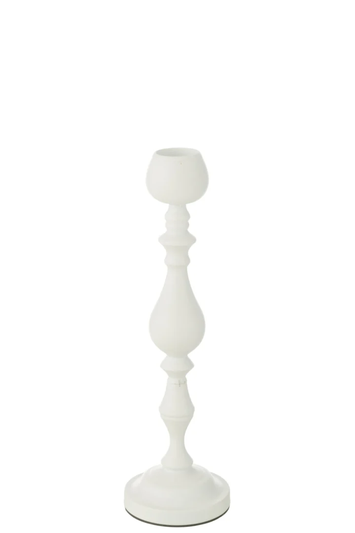 De Kaarsenhouder Monarchie Metaal Wit Klein is een witte, sierlijke kandelaar met een ronde voet en decoratieve gebogen steel, afgebeeld tegen een effen witte achtergrond.