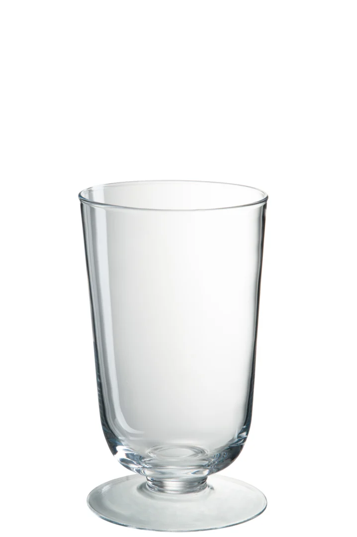 De Kaarsenhouder Orkaan Glas Eli Transparant Klein is een kleine, helder glazen kandelaar met een brede basis en licht uitlopende rand, rechtopstaand afgebeeld tegen een effen witte achtergrond.