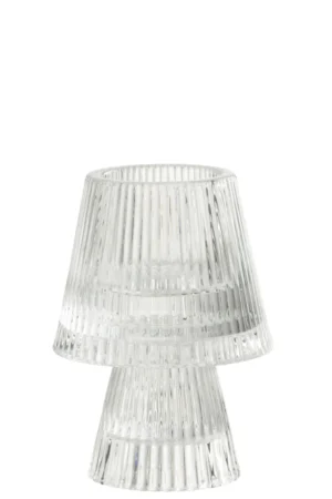 De Kaarsenhouder Hoed Glas Transparant is een moderne lamp van helder glas met een conische voet en een uitlopende geribbelde lampenkap, beide met elegante verticale cannelures.