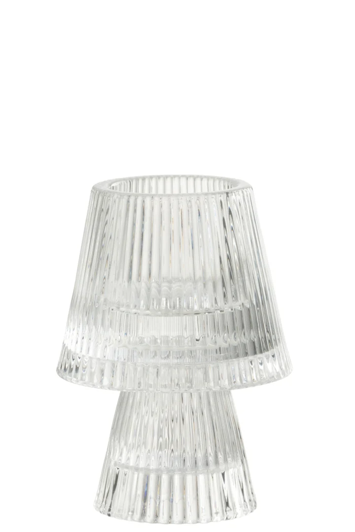 De Kaarsenhouder Hoed Glas Transparant is een moderne lamp van helder glas met een conische voet en een uitlopende geribbelde lampenkap, beide met elegante verticale cannelures.