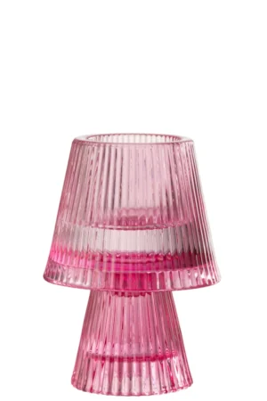 De Kaarsenhouder Hoed Glas Fuchsia is een kleine, roze glazen lamp met verticale richels op de brede, schuine kap en bijpassende voet. Het moderne, decoratieve ontwerp steekt mooi af tegen een witte achtergrond.