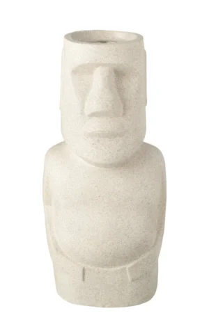 De Vuurkorf Moai MGO Grijs is een grijs, stenen beeld met een gestileerd groot hoofd en brede torso, geïnspireerd op de iconische Moai-beelden van Paaseiland.