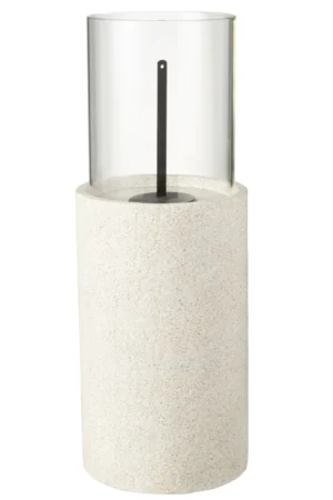 De Vuurkorfzuil MGO Grijs is een cilindervormige kandelaar van grijze steen met een helder glazen deksel en een centrale zwarte metalen stok voor een kaars.