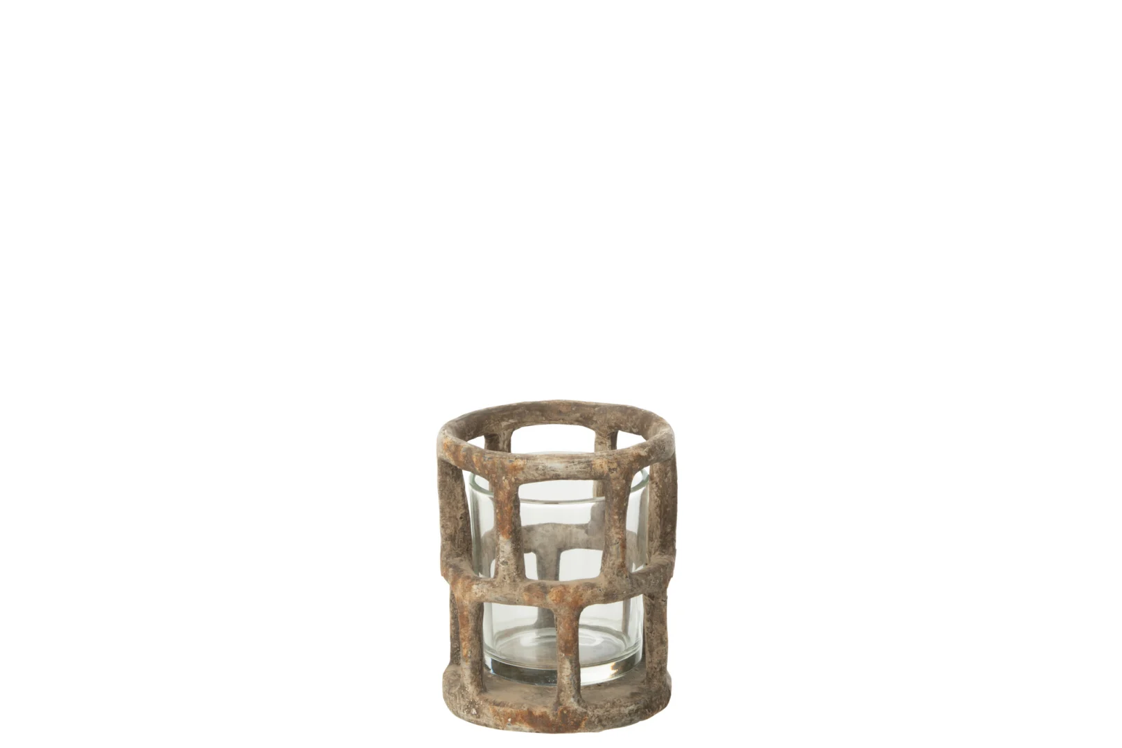 De Orkaan Antiek Polyresin Glas Klein - Kaarsenhouder heeft een kleine glazen houder in een rustiek bruin metalen rooster, tegen een effen witte achtergrond.