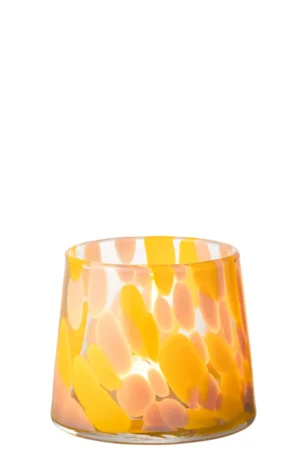 De Orkaan Spikkels Glas Roze Oker - Kaarsenhouder is een helder glazen beker met onregelmatige gele en oranje vlekken, perfect als kaarsenhouder.