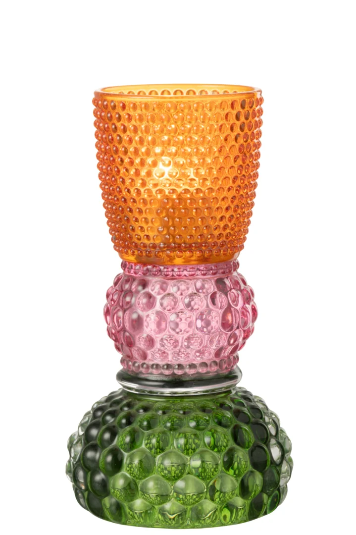 De Kaarsenhouder Jazzy Glas Mix is een kleurrijke glazen bokaal met bubbelende textuur; hij heeft een oranje beker, roze steel en groene voet.