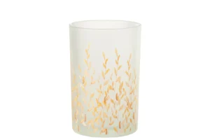 De Kaarsenhouder Orkaan Sally Glas Oranje Groot is een matglazen beker met een bladgoudpatroon dat oprijst uit de basis, op een effen witte achtergrond.