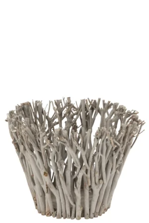 De Kaarsenhouder Orkaantakken Glas Hout Grijs Groot is een grote, decoratieve kandelaar met verticaal geplaatste lichtgrijze houten takjes op glas, waardoor een open, rustieke uitstraling ontstaat tegen een witte achtergrond.
