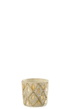 De Theelichthouder Glas Kralen Wit Goud Klein heeft een kleine glazen houder versierd met witte en gouden kralen, waardoor een elegant geometrisch patroon ontstaat dat perfect is voor een stijlvolle inrichting.