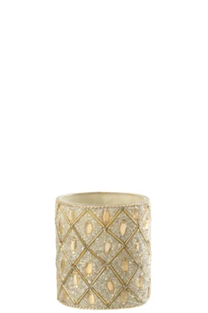 Theelichthouder Glas Kralen Wit Goud Groot is een grote cilindrische kandelaar met een gouden en witte afwerking, versierd met kralen, kristallen en een decoratief rasterpatroon met ruitvormige uitsparingen.