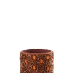 Theelichthouder Glas Kralen Donkerbruin Roestbruin Groot: een grote, cilindervormige decoratieve houder met een kralenstructuur in donkerbruine en roesttinten, met ovale vormen in een ruitpatroon.