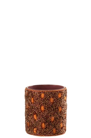 Theelichthouder Glas Kralen Donkerbruin Roestbruin Groot: een grote, cilindervormige decoratieve houder met een kralenstructuur in donkerbruine en roesttinten, met ovale vormen in een ruitpatroon.