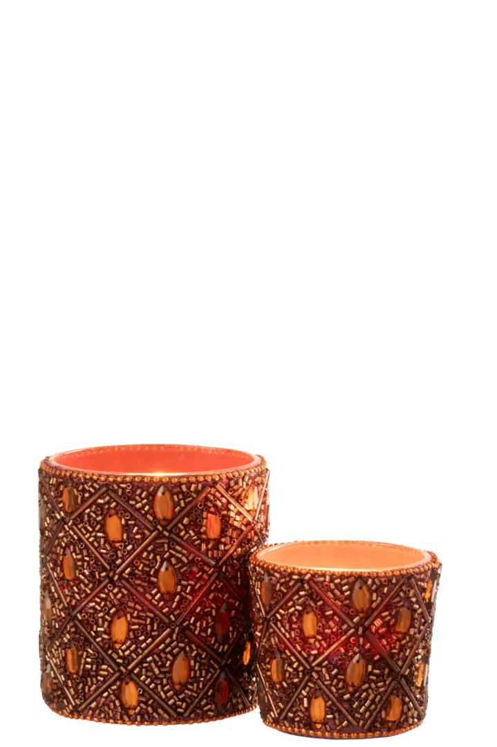 Theelichthouder Glas Kralen Donkerbruin Roestbruin Groot: Twee glazen kaarsenhouders in donkerbruin en roestbruin met geometrische patronen, een grote en een kleine, naast elkaar op een witte achtergrond.