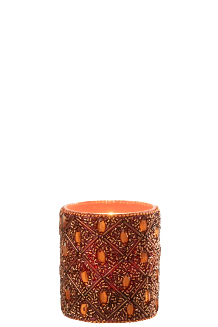 Theelichthouder Glas Kralen Donkerbruin Roestbruin Groot met een gestructureerd kralenpatroon in oranjebruine tinten tegen een effen witte achtergrond.