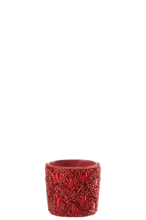 Theelichthouder Glas Kralen Kerst Rood Klein is een kleine rode glazen votiefhouder met een kralen ruitpatroon, perfect voor decoratief gebruik.
