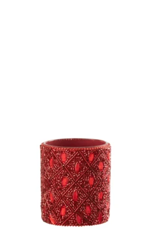 Theelichthouder Glas Kralen Kerst Rood Groot: een decoratieve kandelaar van rood glas met een gestructureerd oppervlak in ruitpatroon met ingebedde kraalaccenten op een effen witte achtergrond.