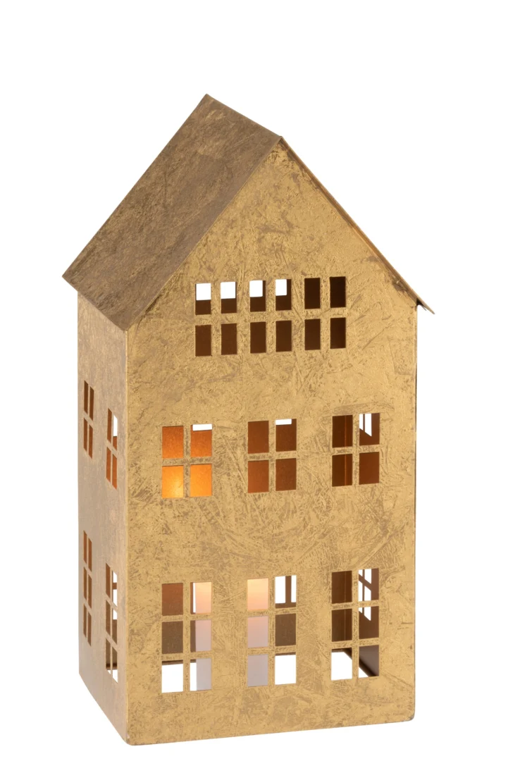 Het Kaarsenhouder Huis Sigma IJzer Goud is een decoratieve lantaarn in de vorm van een gouden huis met vierkante ramen en een schuin dak, perfect om verlichte charme toe te voegen aan elke ruimte.