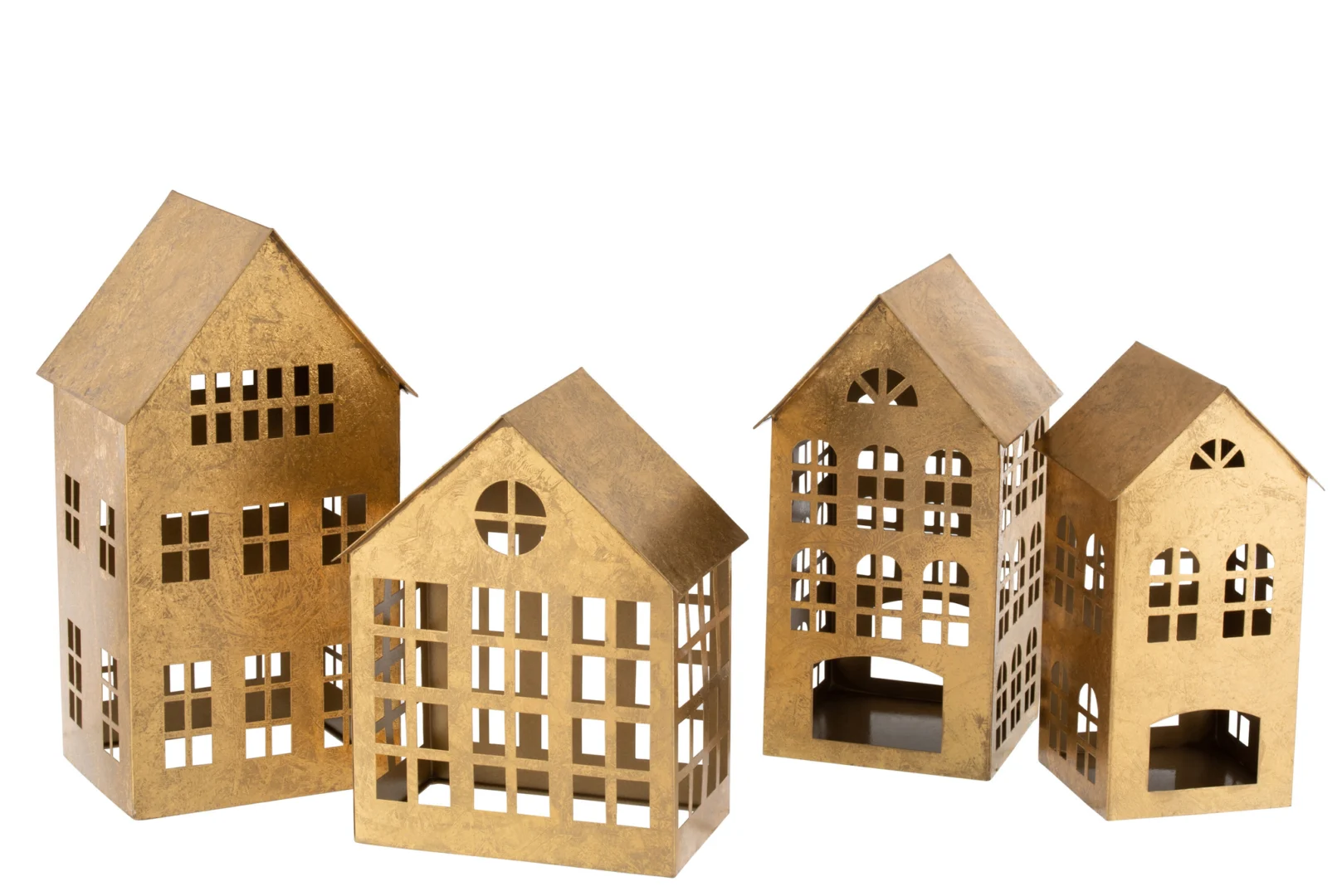 Vier kleine Kaarsenhouder Huis Sigma IJzer Goud kandelaars, goudkleurige metalen huisjes met meerdere ramen en puntdaken, staan naast elkaar op een witte achtergrond.