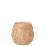 Een kleine, ronde kandelaar met de naam Theelichthouder Glas Perzik Klein heeft een gouden glitterafwerking en een brede opening, tegen een effen witte achtergrond.