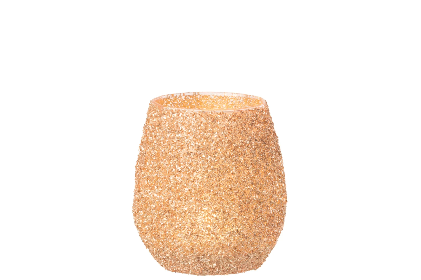 Theelichthouder Glas Perzik Groot rechtop tegen een effen witte achtergrond, met een stamloos ontwerp met een gouden glitter afwerking.