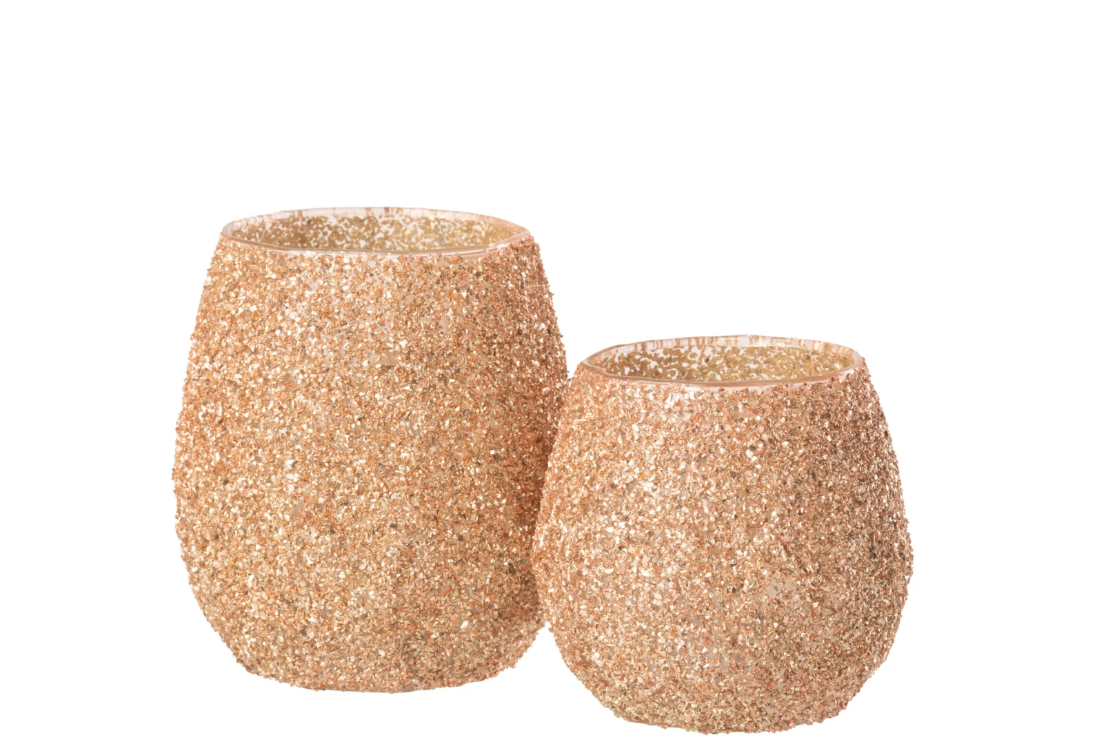 Twee "Theelichthouder Glas Perzik Groot" ronde, steelloze glazen met gouden glitters staan naast elkaar op een witte achtergrond, met het linker glas hoger dan het rechter.