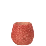 De Theelichthouder Glas Kerst Rood Klein is een klein, rond, steelloze glas met een gestructureerde rode glitterafwerking, afgebeeld tegen een effen witte achtergrond.