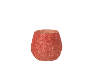 De Theelichthouder Glas Kerst Rood Klein is een klein, rond, steelloze glas met een gestructureerde rode glitterafwerking, afgebeeld tegen een effen witte achtergrond.