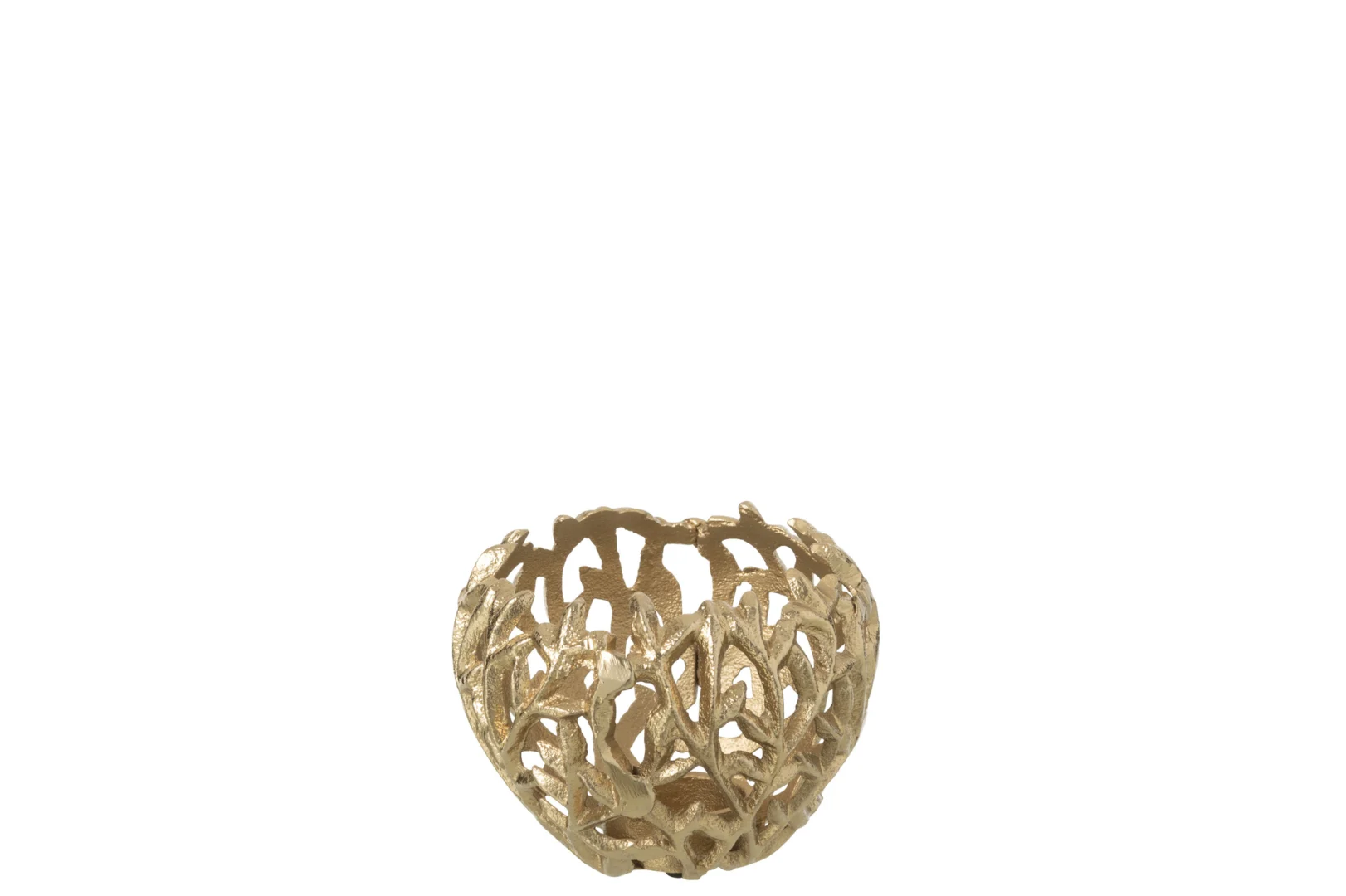 Een klein, decoratief Kaarsenhouder Blad aluminium goudkleurig, met een opengewerkt bladmotief tegen een effen witte achtergrond.