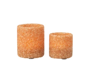 Theelichthouder Steen Glas Roestbruin Set van 2: twee cilindervormige roestbruine glazen waxinelichthouders, een hoge en een korte, naast elkaar op een witte achtergrond.