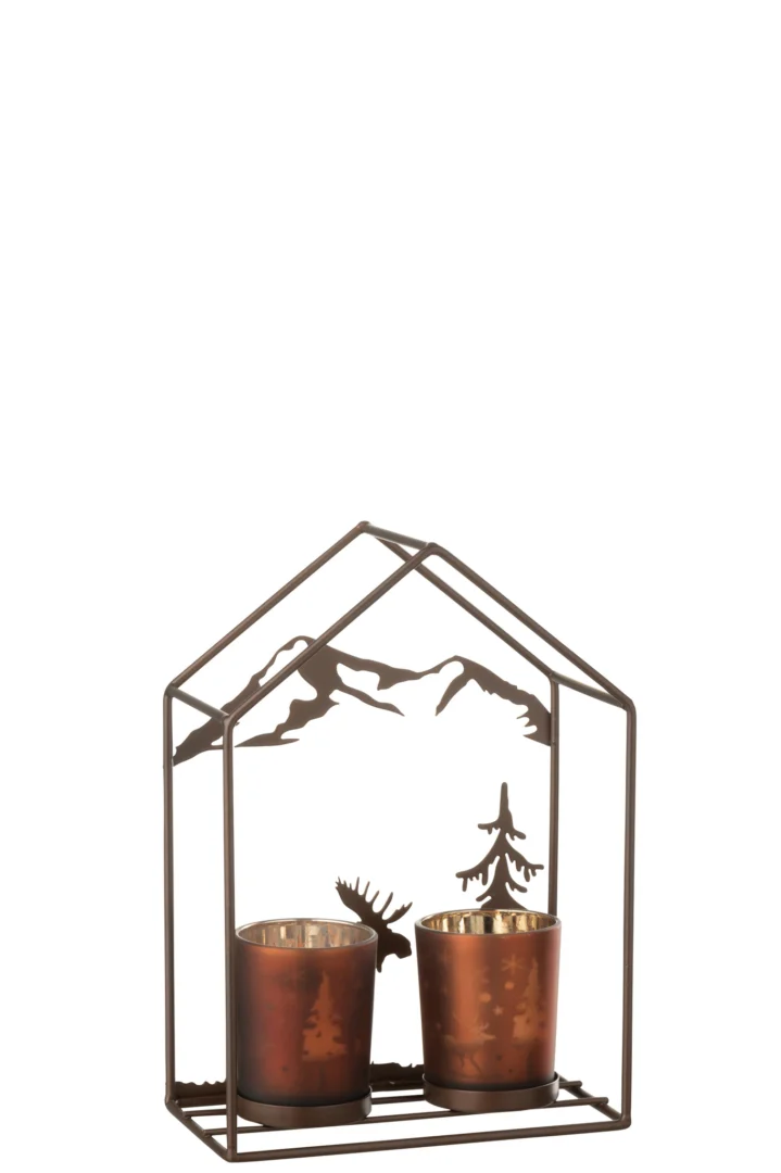 Theelichthouder Huis IJzer Roestbruin/Bruin 2 Glazen: Metalen kandelaar in de vorm van een huis met twee glazen bekers en een bergtafereel met een boom en een silhouet van een vliegende eland op het achterpaneel.