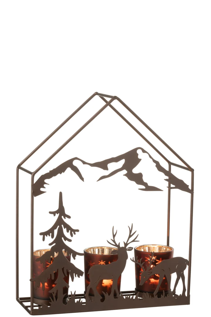 Theelichthouder Huis IJzer Roestbruin/Bruin 3 Glazen: Decoratieve kandelaar in huisvorm met metalen silhouetten van bergen, een boom en twee herten. Voorzien van drie glazen houders voor kaarsen die een warm licht verspreiden.