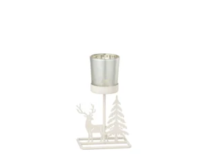 Theelichthouder Winter IJzer Wit/Rood is een decoratieve kandelaar met een matglazen beker en een wit metalen voet met uitgesneden ontwerpen van een rendier en dennenboom.