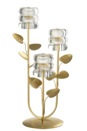 De Kaarsenhouder Tak Blad 3 Delen is een goudkleurige ijzeren kandelaar met drie transparante glazen votiefhouders in de vorm van een bloem, afgewerkt met sierlijke stengels en bladdetails op een ronde voet.