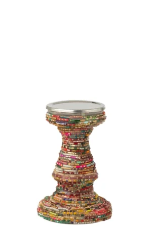 Een kleurrijke kaarsenhouder genaamd Kaarsenhouder Kralen Glas Roze/Goudkleurig, met een zandlopervorm met roze en gouden glazen kralen en een metallic accent bovenop.