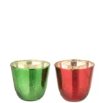 Theelichthouder Glas Rood Groen Set van 2: twee glazen kandelaars, een rode en een groene, met een metallic reflecterende afwerking en een gespikkeld patroon, naast elkaar op een witte achtergrond.