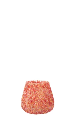 Theelichthouder Glas Kralen Donker Oranje Klein is een kleine, ronde glazen kandelaar versierd met donkeroranje kralen op een effen witte achtergrond.