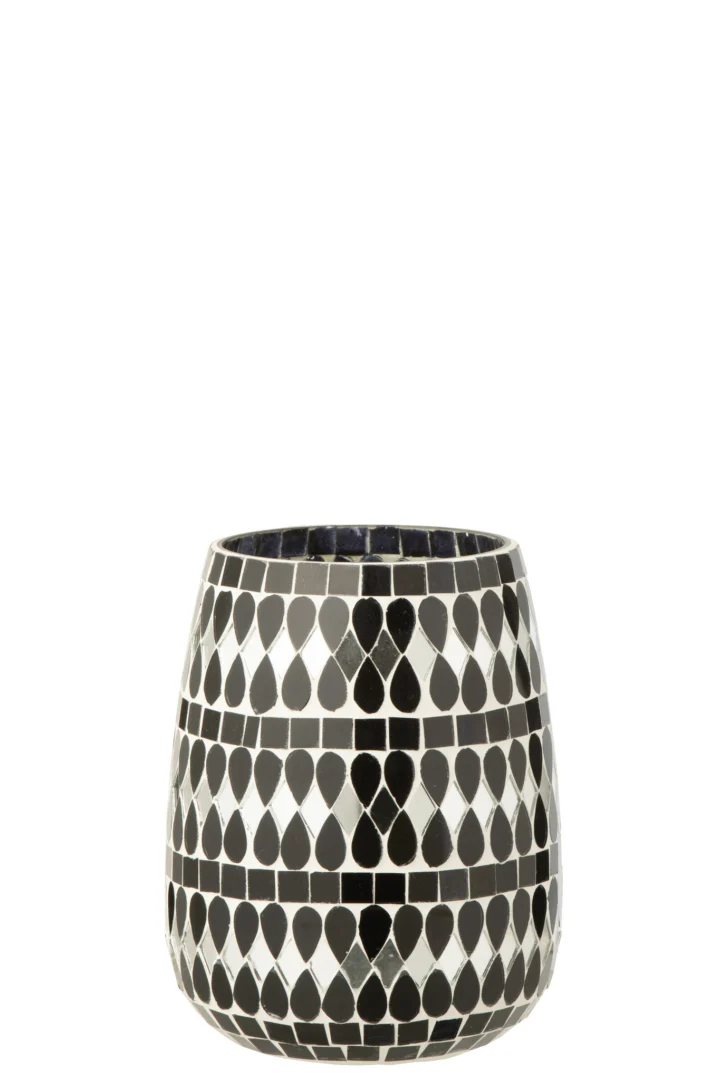 Theelichthouder Mozaïekglas Zwart Zilver Medium is een ronde vaas van keramiek met een zwart-wit geometrisch druppelpatroon in horizontale rijen op een effen witte achtergrond.