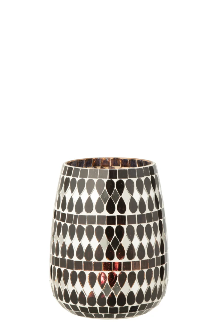 Theelichthouder Mozaïekglas Zwart Zilver Medium is een decoratieve tuimelvormige vaas met een glanzend zwart en zilver mozaïek met druppelpatronen in horizontale rijen tegen een effen witte achtergrond.