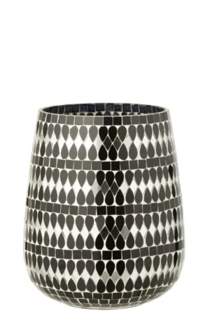 Theelichthouder Mozaïekglas Zwart Zilver Groot: een grote decoratieve kandelaar van mozaïekglas met een ronde vorm, met zwarte en zilveren druppel- en ruitpatronen in horizontale rijen.