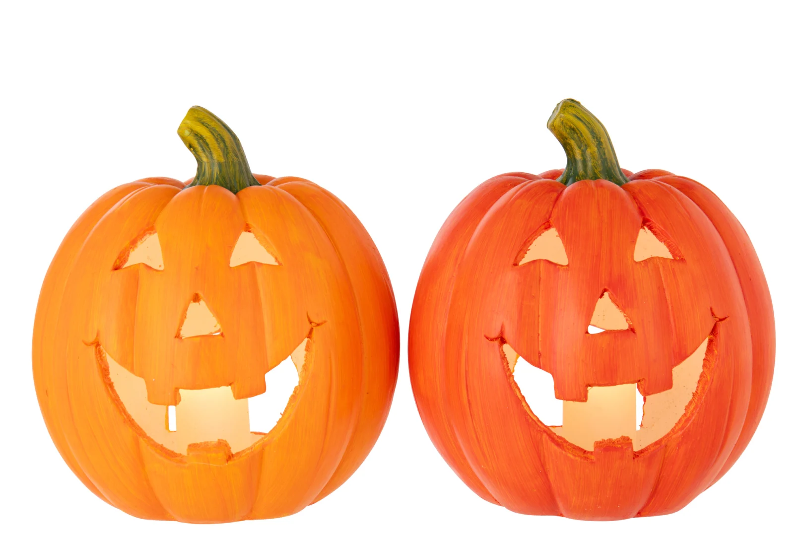 De Pompoen Halloween Magnesium Oranje/Donker Oranje Set van 2 heeft twee oranje pompoenen met lachende gezichten, beide van binnenuit verlicht en naast elkaar tegen een witte achtergrond.