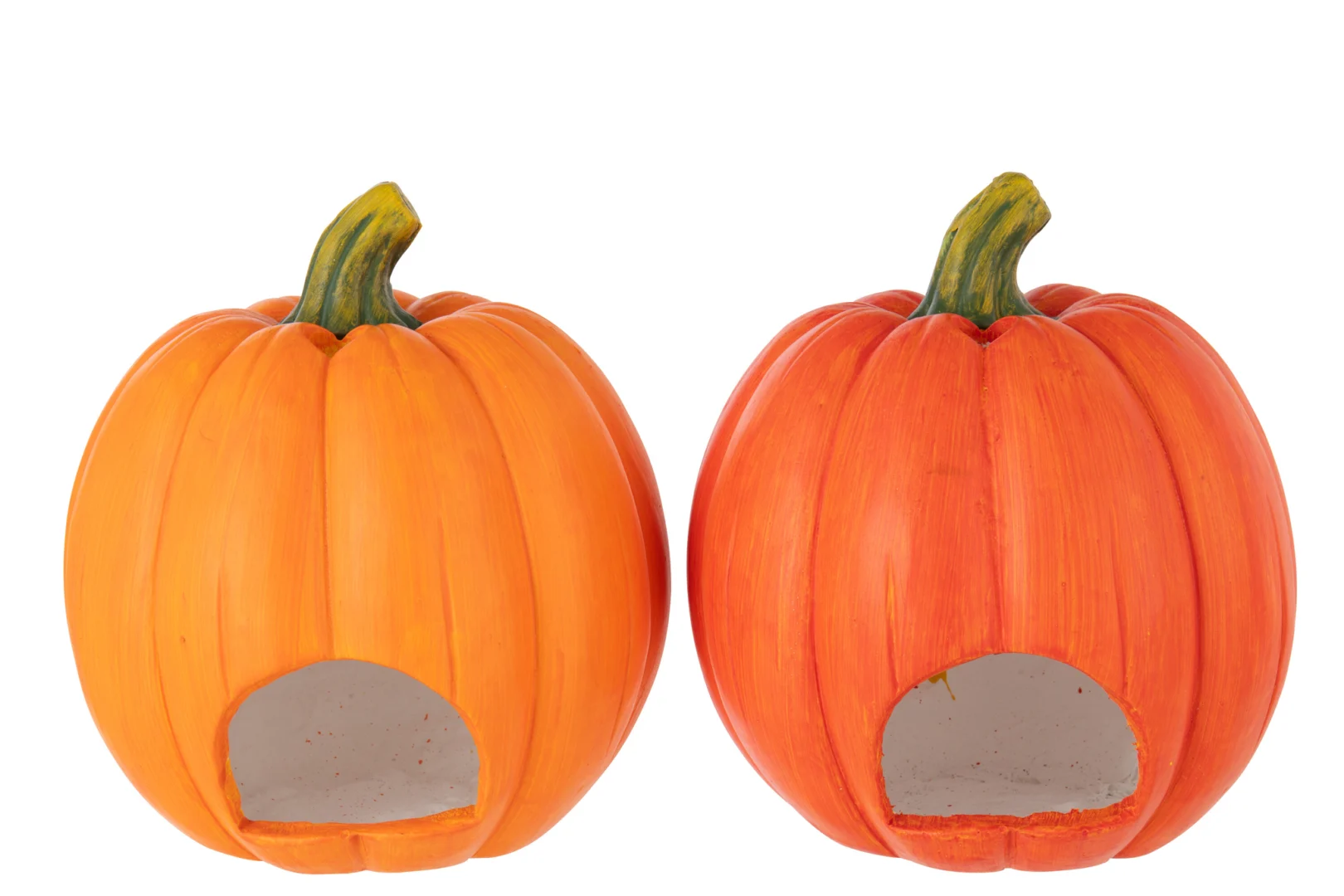 De Pompoen Halloween Magnesium Oranje/Donker Oranje Set van 2 heeft twee oranje pompoendecoraties met groene stelen en uitgesneden delen aan de voorkant, naast elkaar op een witte achtergrond.