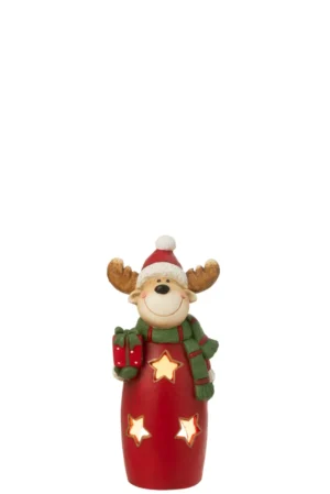 Theelichthouder Rendier Magnesium Multicolor Klein: een feestelijk rendierfiguurtje met kerstmuts en sjaal, dat een groen en rood cadeautje vasthoudt, met stervormige uitsparingen op zijn rode lijfje.