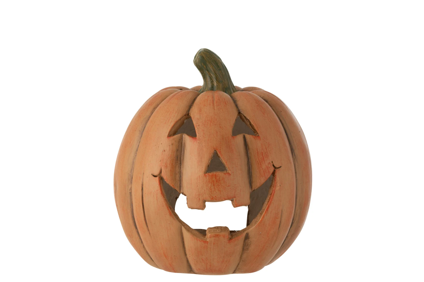 De Pompoen Halloween Klei Karamel is een uitgesneden pompoen met driehoekige ogen, een driehoekige neus en een lachende mond met één tand, geïsoleerd afgebeeld op een witte achtergrond.