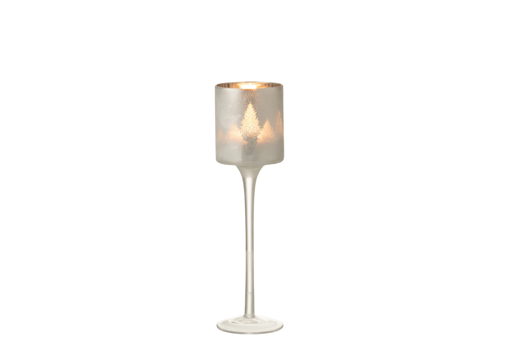 Theelichthouder Denneboom Glas Grijs Zilver Klein: een kleine, hoge kandelaar met matglazen bovenkant, zilveren accenten en verlichte boomsilhouetten op een slanke steel en ronde voet.