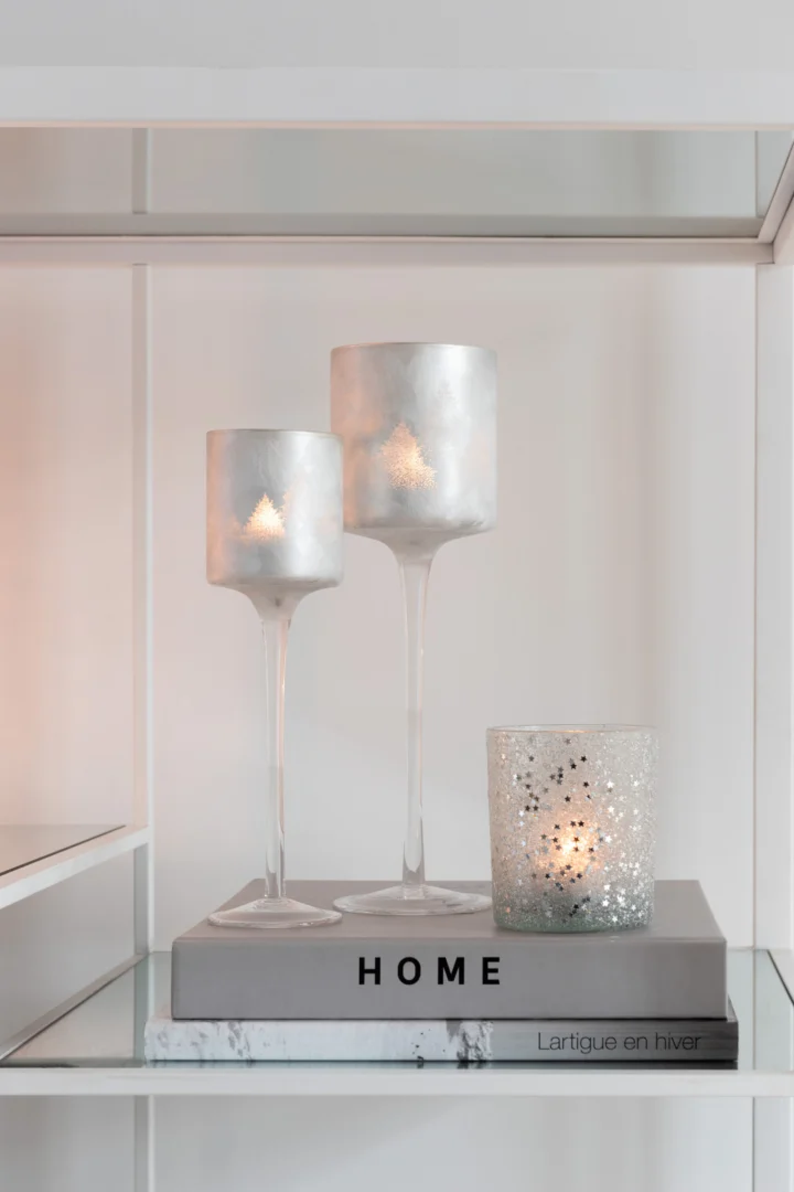 Een Theelichthouder Denneboom Glas Grijs Zilver Klein en een kleine fonkelende kaars staan op gestapelde boeken met de titels HOME en Lartigue en hiver, uitgestald op een witte plank.